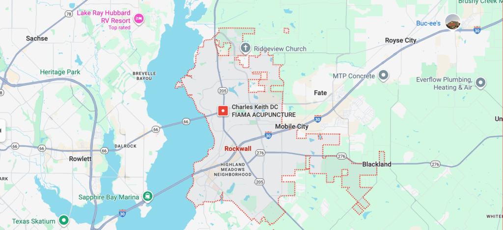 Map showing the Rockwall, Texas service area outlined in red, including nearby communities and major highways.